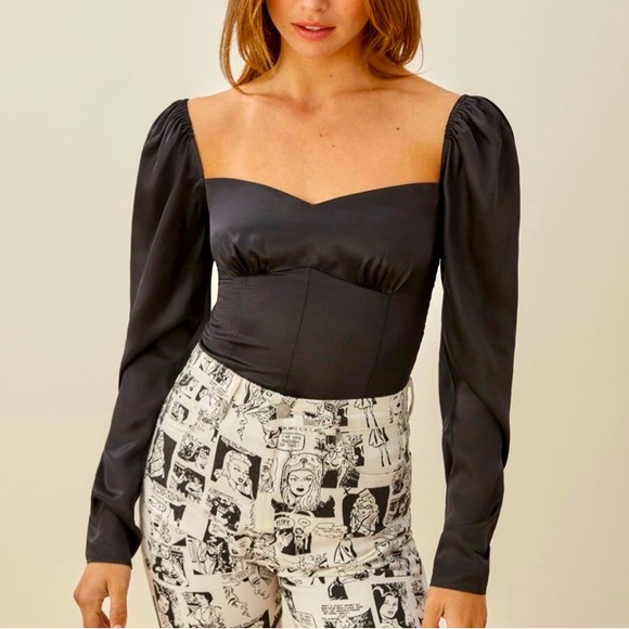 REFORMATION Roe Black Satin Silk Long Sleeve Top Square Neck Bustier Blouse - Picture 2 of 7